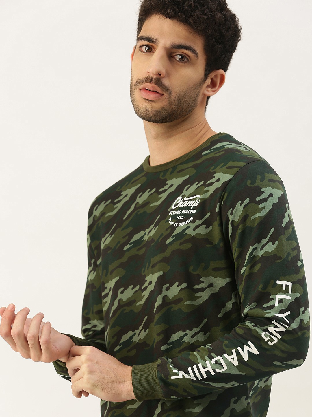 

Flying Machine Men Green Camouflaged Long Sleeved Printed Sweatshirt