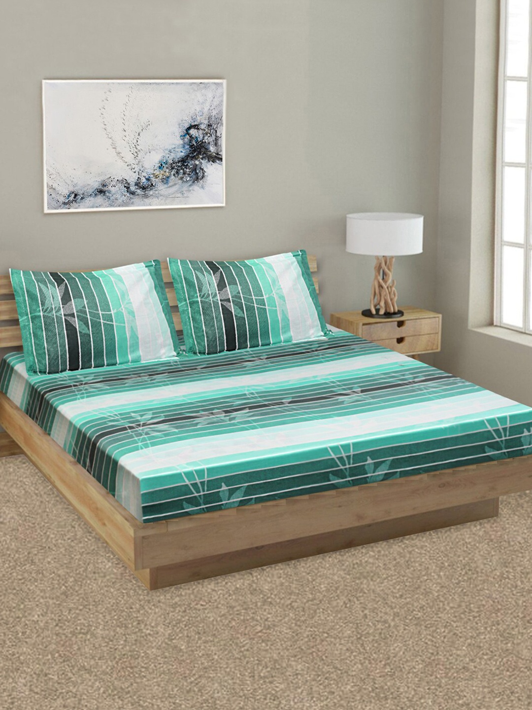 

Aura Green & Grey Striped 144 TC Queen Bedsheet with 2 Pillow Covers