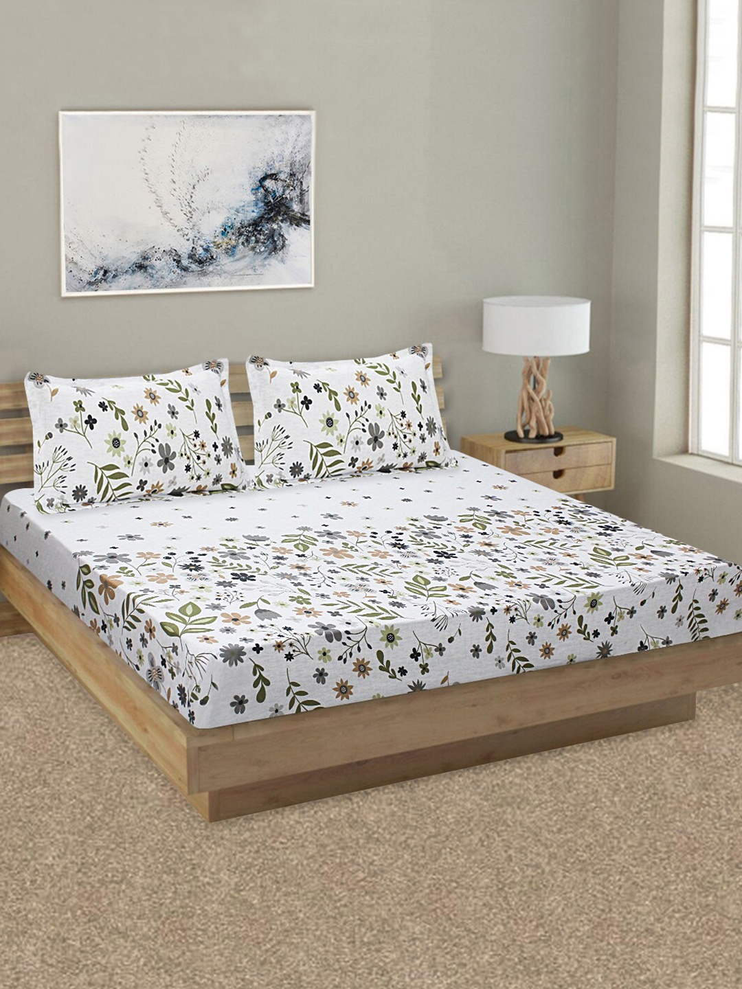 

Aura White & Green Floral 144 TC Queen Bedsheet with 2 Pillow Covers