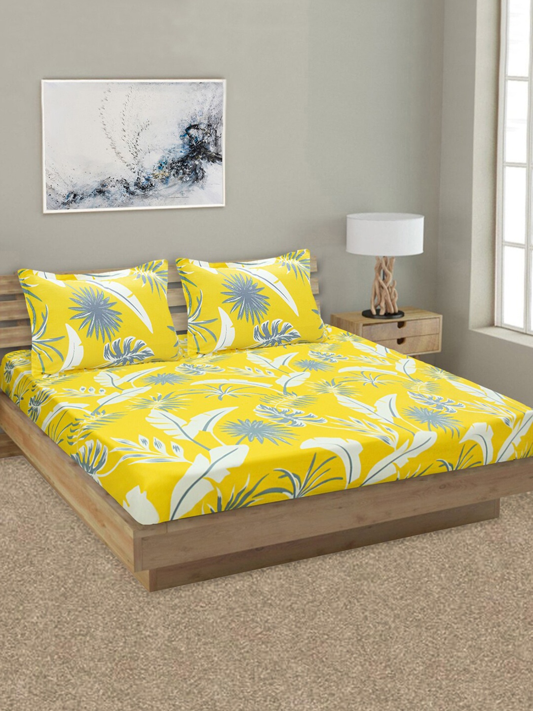 

Aura Yellow & Grey Floral 144 TC Queen Bedsheet with 2 Pillow Covers