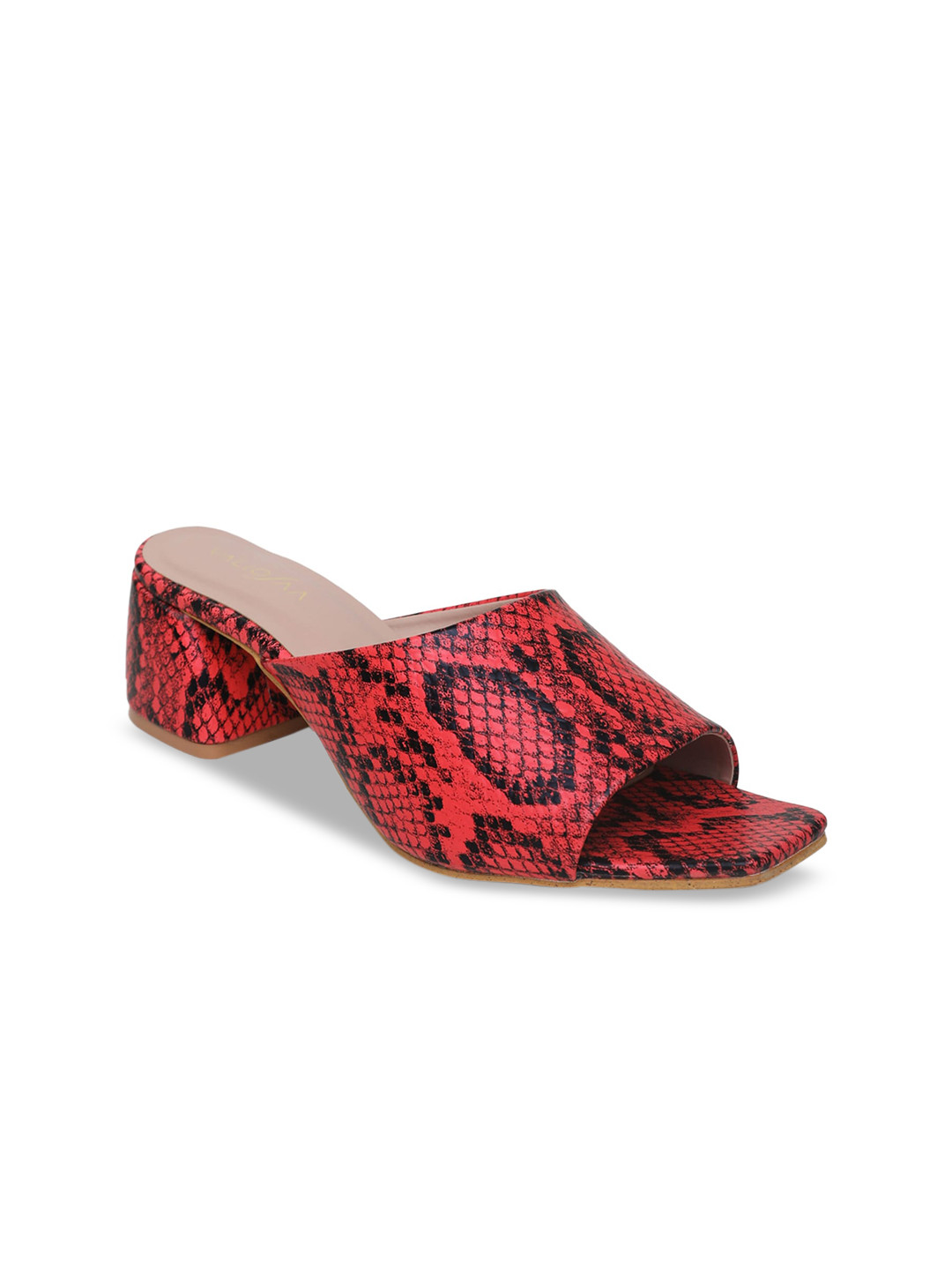 

VALIOSAA Red Printed Block Mules with Buckles