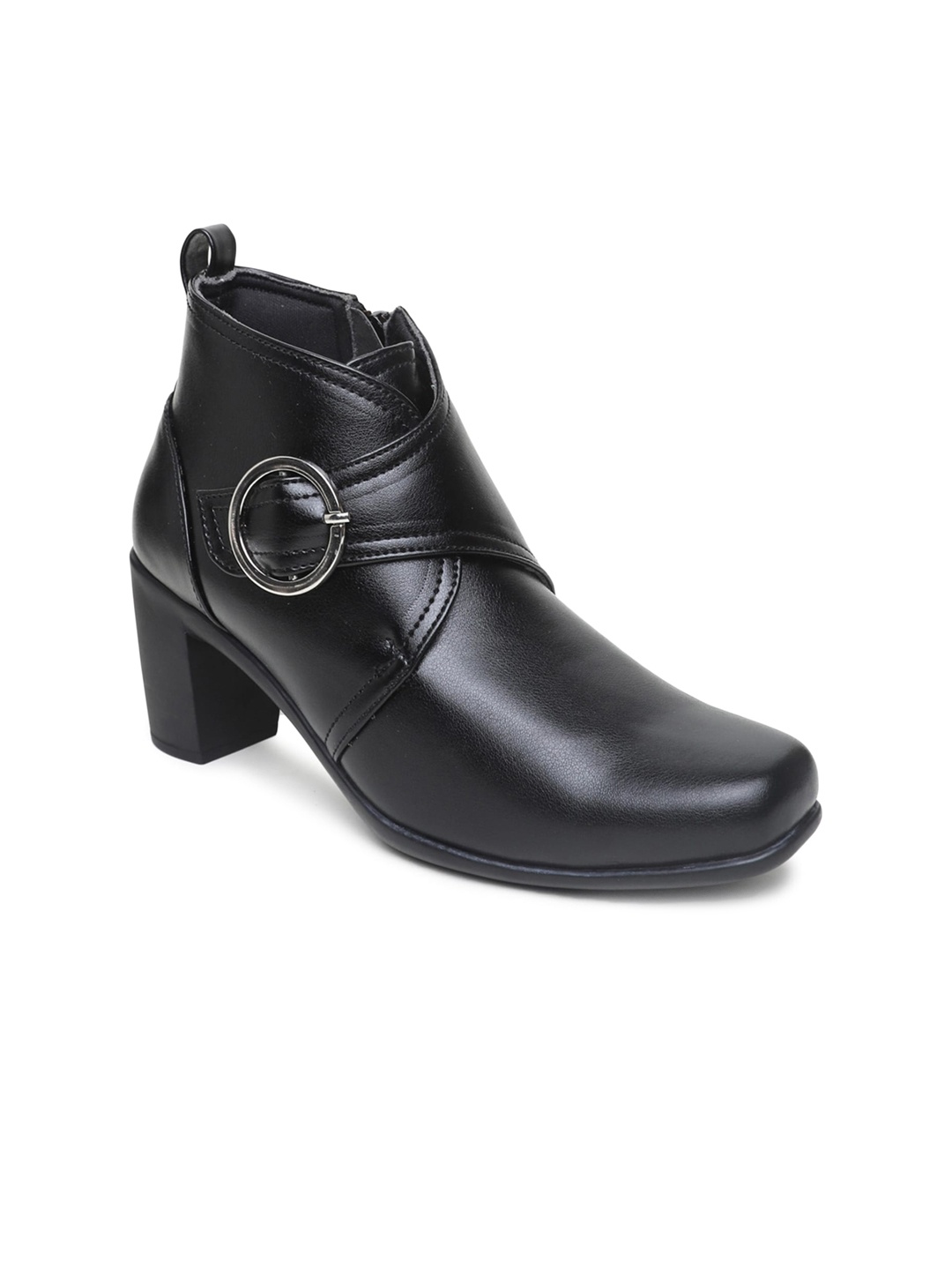 

VALIOSAA Black Solid Block Heeled Boots with Buckles