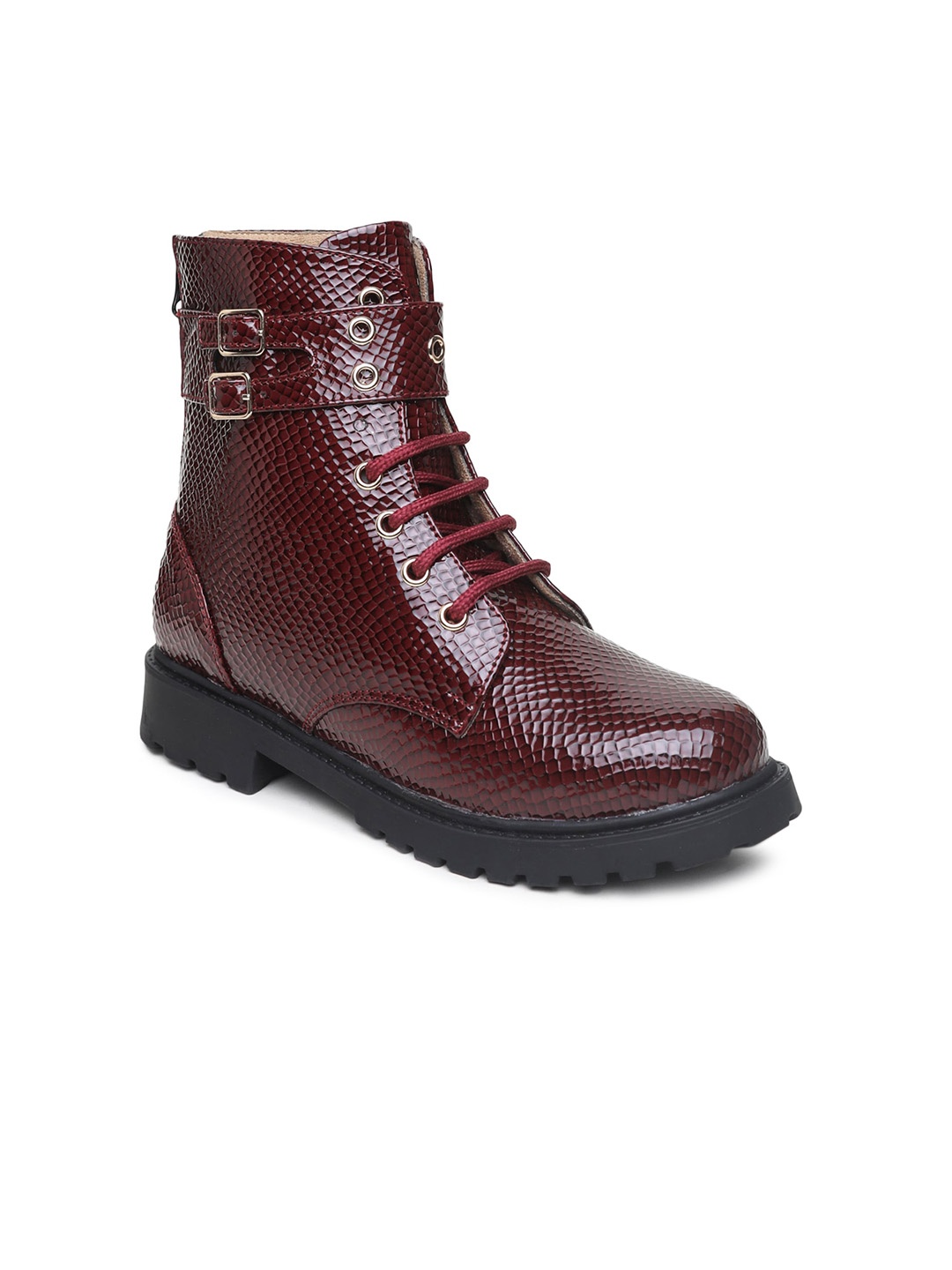 

VALIOSAA Maroon Textured High-Top Wedge Heeled Boots with Buckles