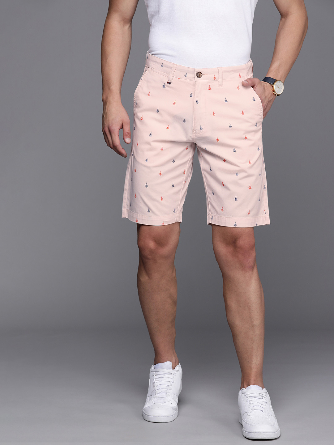 

Louis Philippe Sport Men Off White & Orange Conversational Printed Slim Fit Chino Shorts