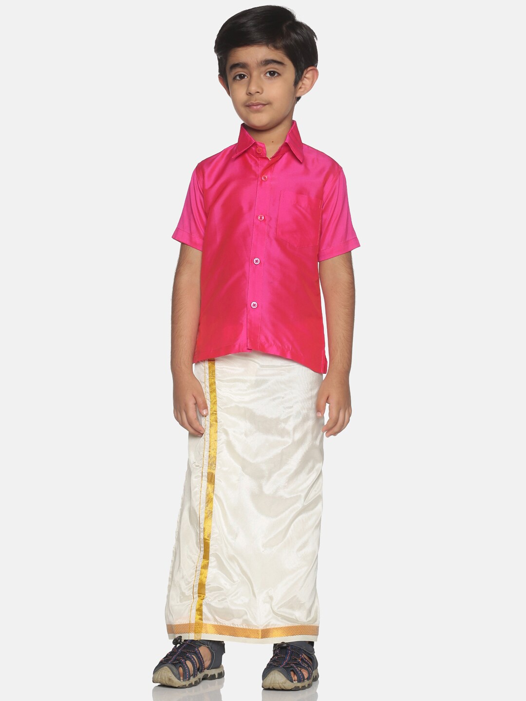

Sethukrishna Boys Pink & Cream-Coloured Solid Shirt and Veshti Set