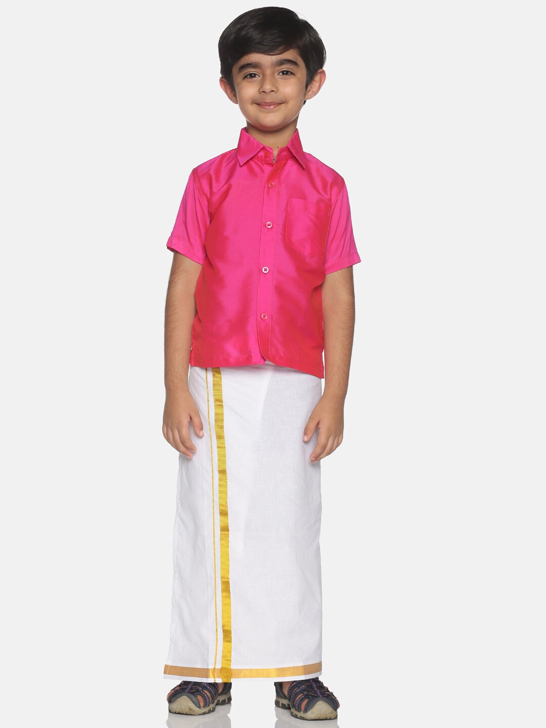

Sethukrishna Boys Pink & White Solid Shirt and Veshti Set