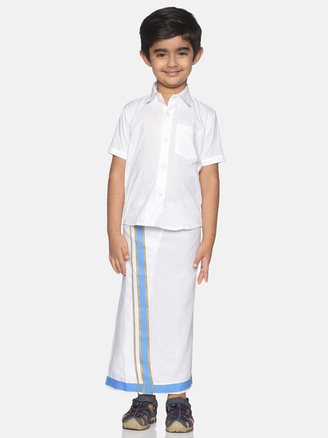 

Sethukrishna Boys White Pure Cotton Solid Shirt and Veshti Set