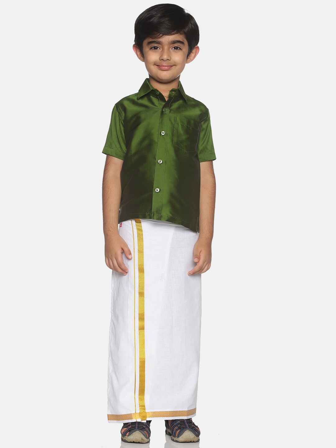 

Sethukrishna Boys Olive Green & White Solid Shirt and Veshti Set