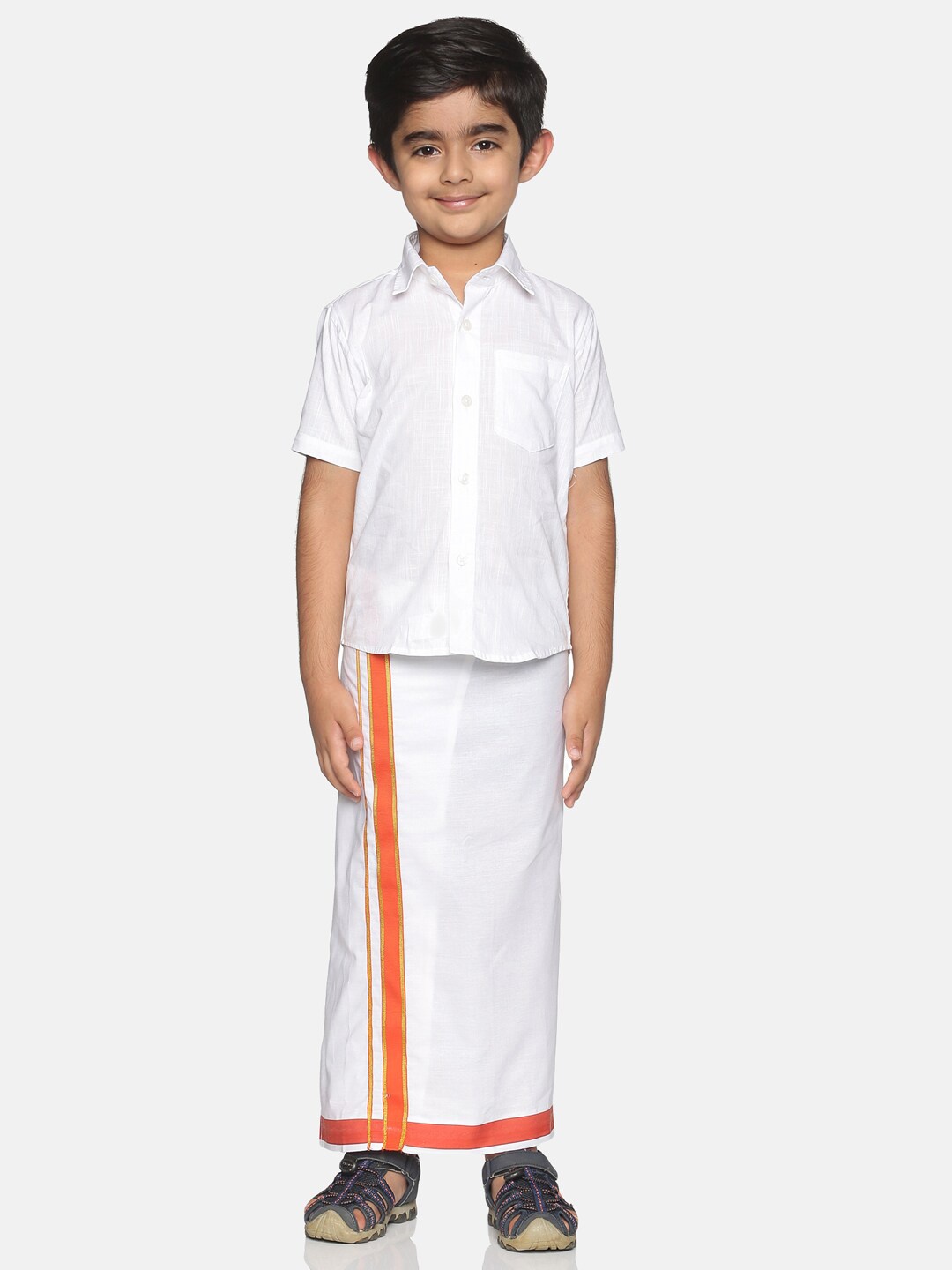 

Sethukrishna Boys White Pure Cotton Solid Shirt and Veshti Set