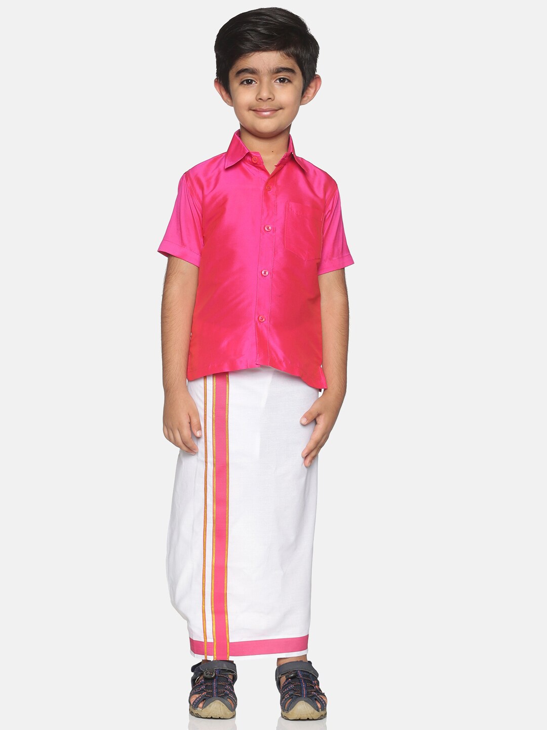 

Sethukrishna Boys Pink & White Solid Shirt and Veshti Set