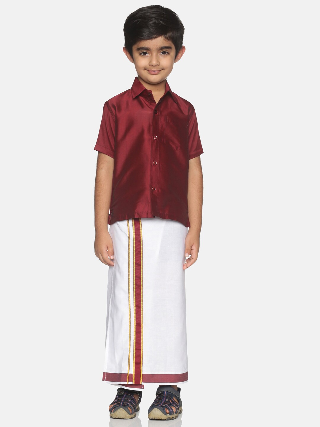 

Sethukrishna Boys Maroon & White Solid Shirt and Veshti Set