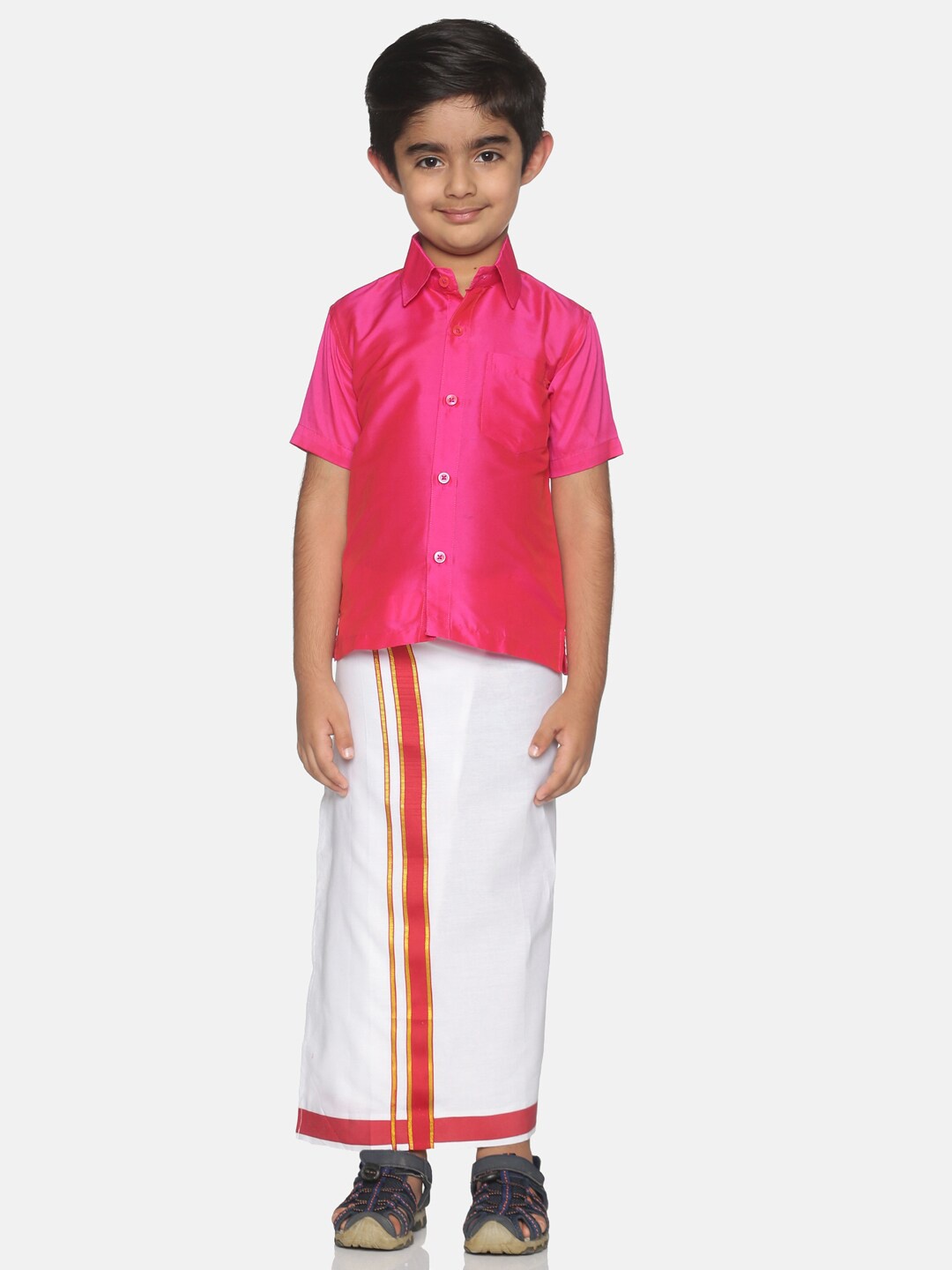 

Sethukrishna Boys Pink & White Solid Shirt and Veshti Set