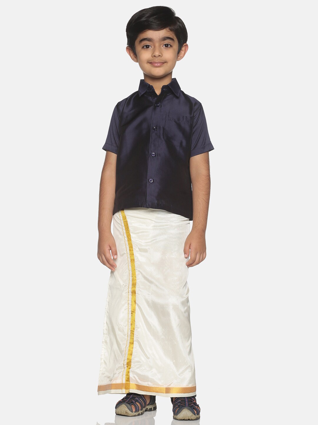 

Sethukrishna Boys Navy Blue & White Solid Shirt and Veshti Set