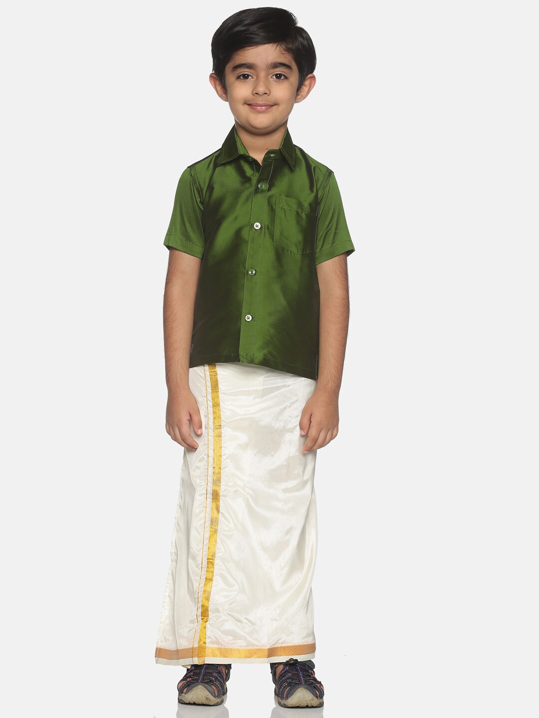 

Sethukrishna Boys Olive Green & White Solid Shirt and Veshti Set