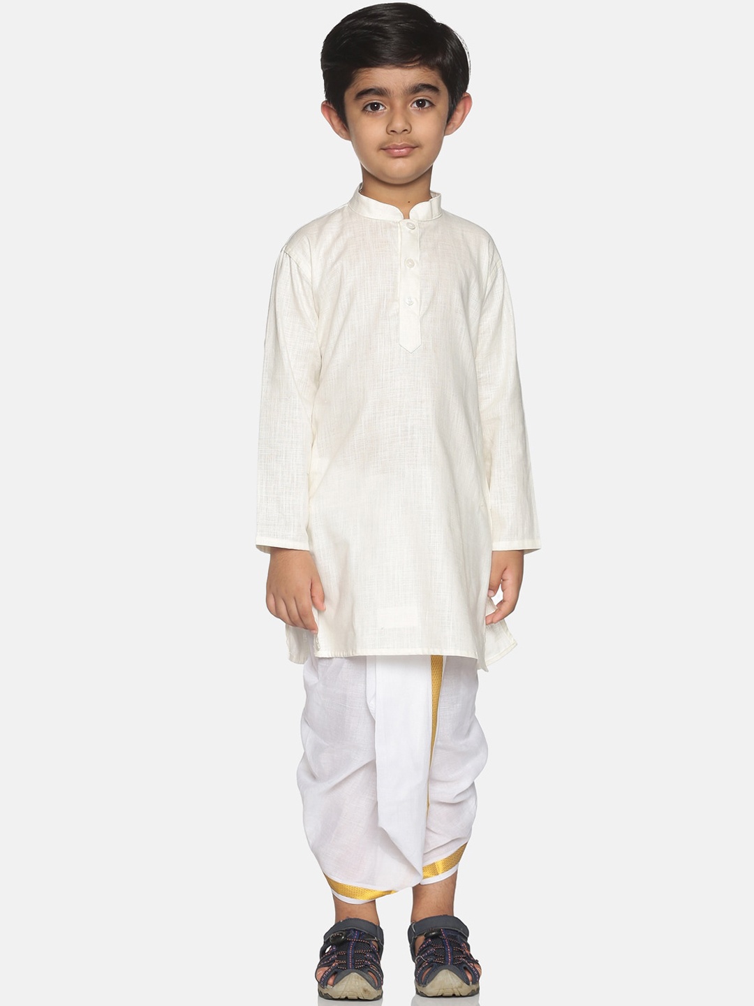 

Sethukrishna Boys Cream-Coloured & White Solid Regular Pure Cotton Kurta with Dhoti Pants