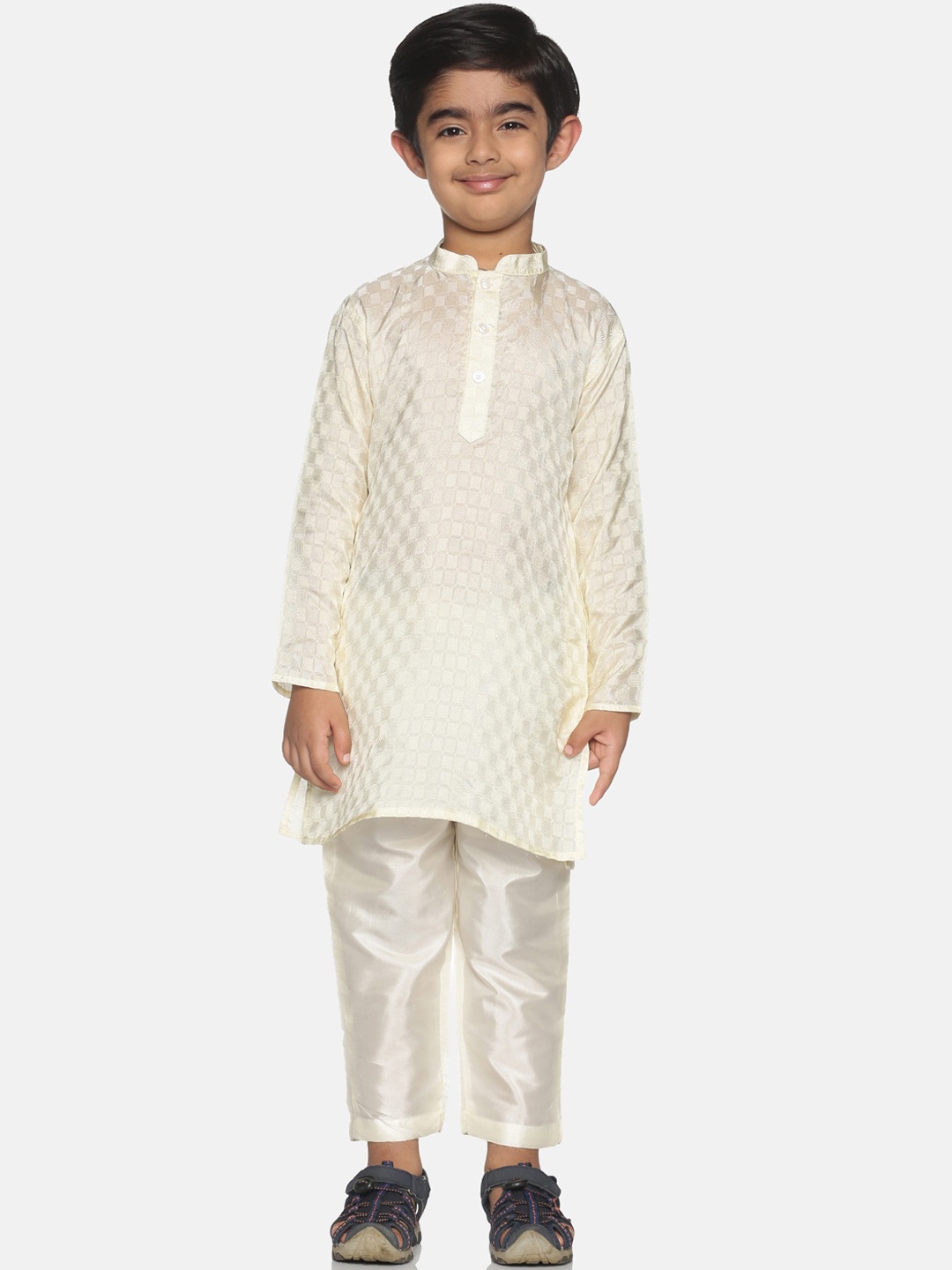 

Sethukrishna Boys Cream-Coloured Woven Designed Kurta with Pyjamas