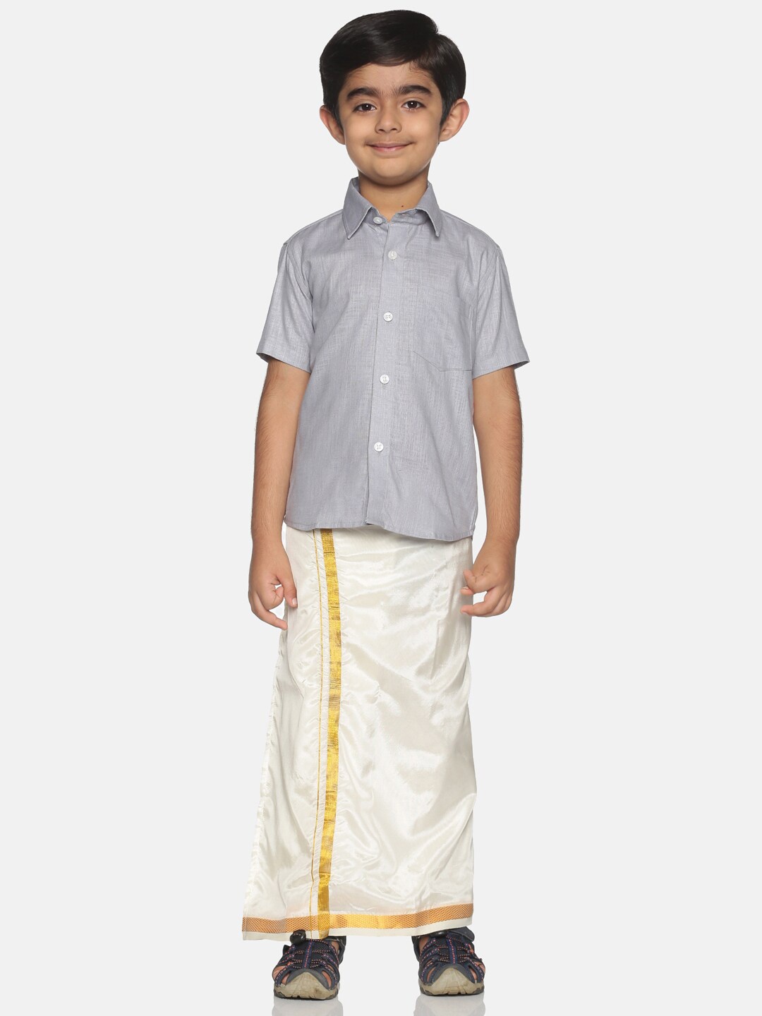 

Sethukrishna Boys Grey & White Solid Shirt with Veshti Set