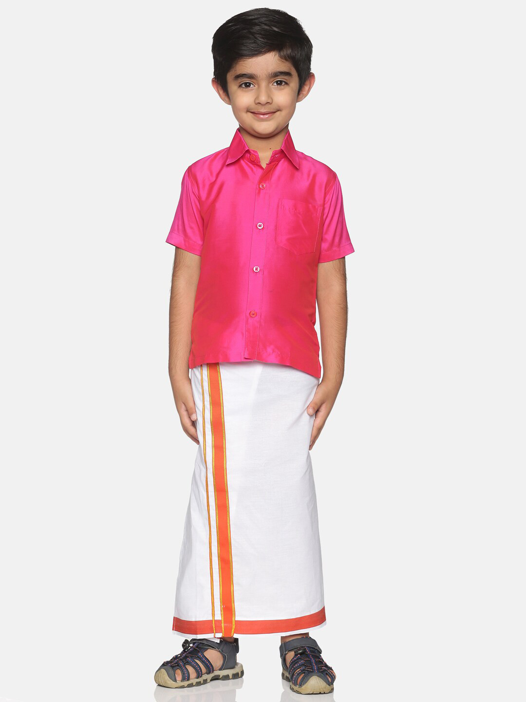 

Sethukrishna Boys Pink & White Solid Shirt with Veshti Set