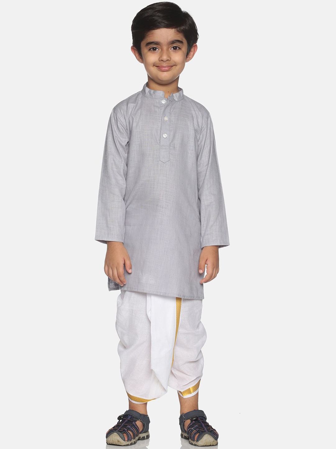 

Sethukrishna Boys Grey & White Solid Regular Pure Cotton Kurta with Dhoti Pants