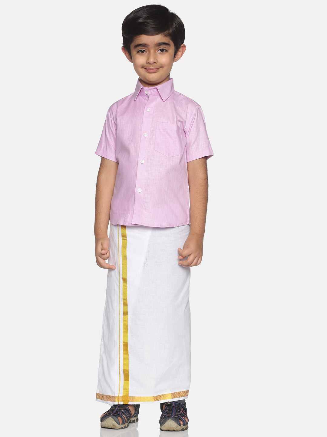 

Sethukrishna Boys Pink & White Solid Shirt and Veshti Set