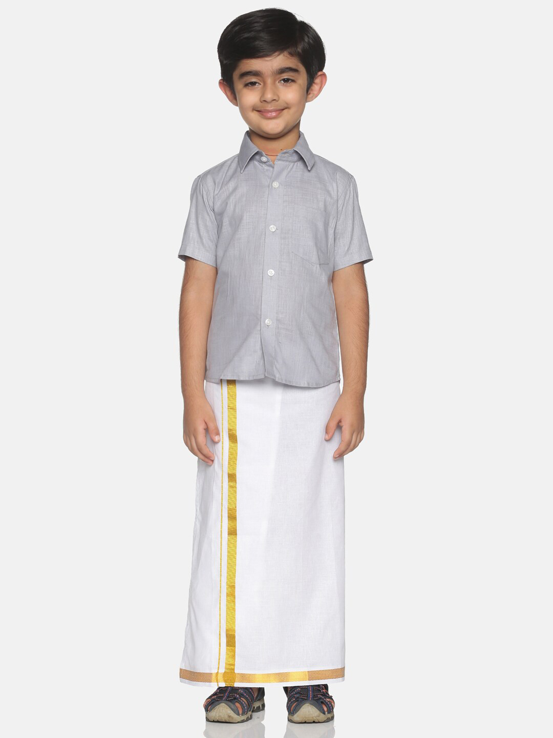 

Sethukrishna Boys Grey & White Solid Shirt and Veshti Set