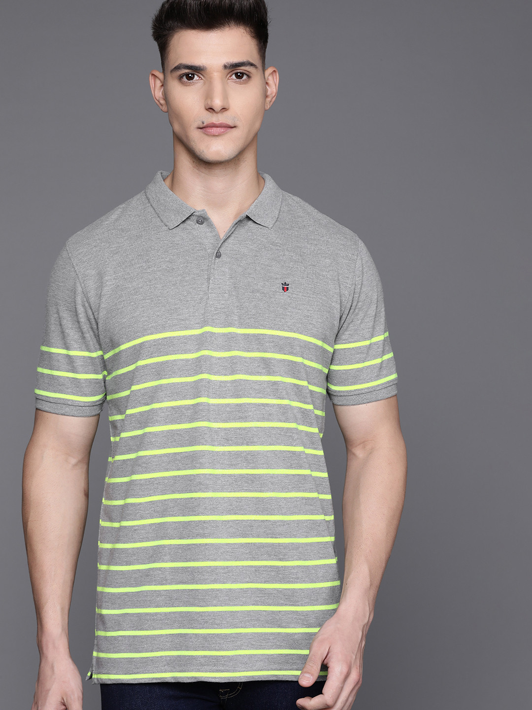 

Louis Philippe Sport Men Navy Blue & White Striped Polo Collar Slim Fit T-shirt