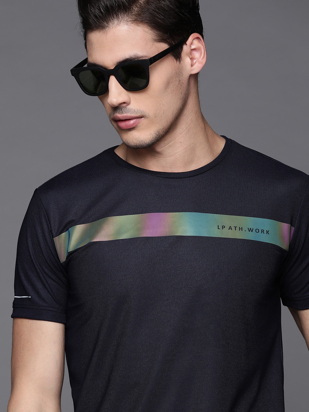 

Louis Philippe Sport Men Navy Blue Typography Striped Slim Fit T-shirt