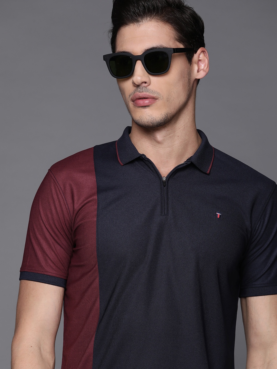 

Louis Philippe Sport Men Navy Blue & Burgundy Polo Collar Slim Fit T-shirt
