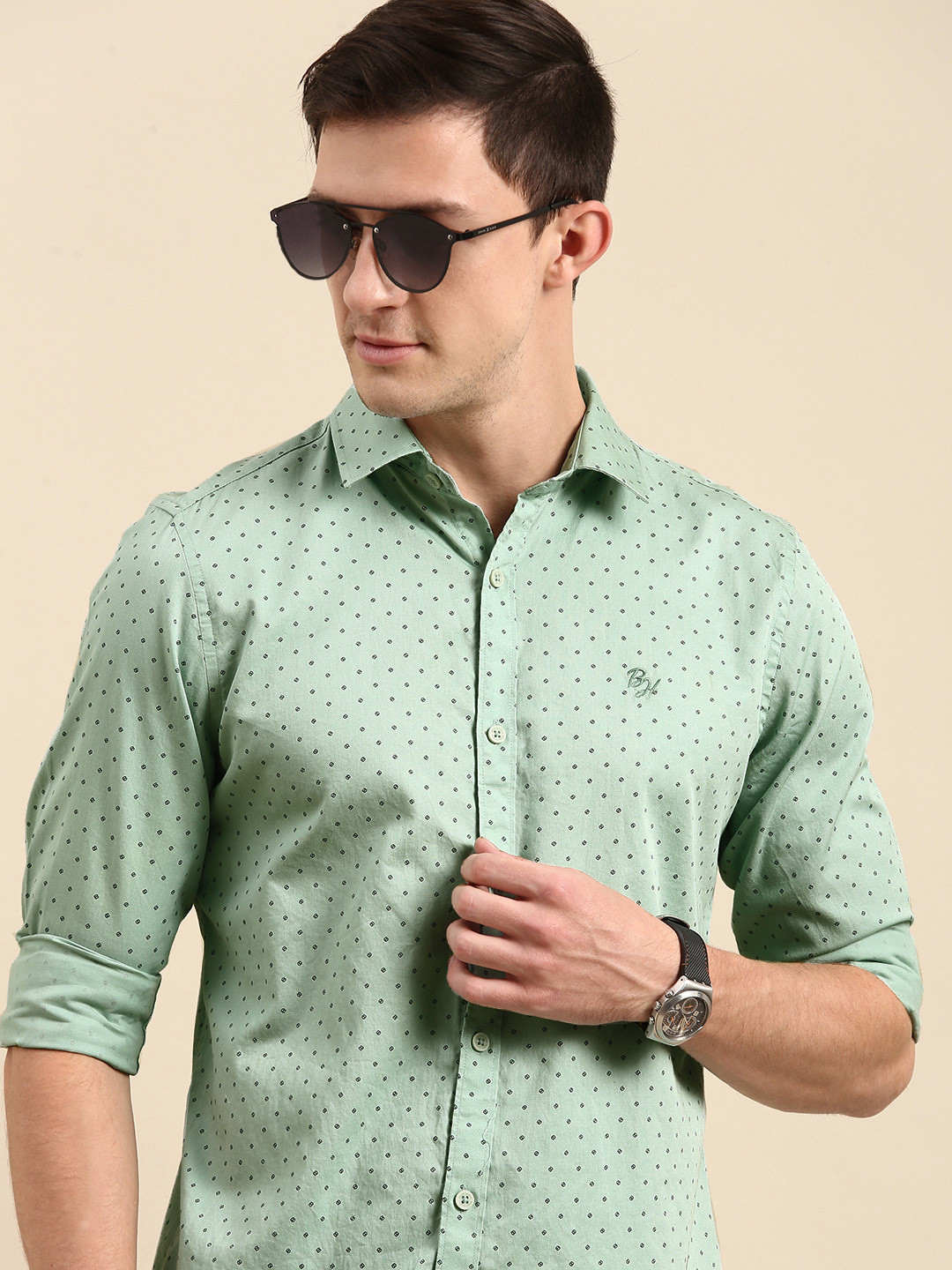 

Being Human Men Mint Green Slim Fit Printed Pure Cotton Casual Shirt