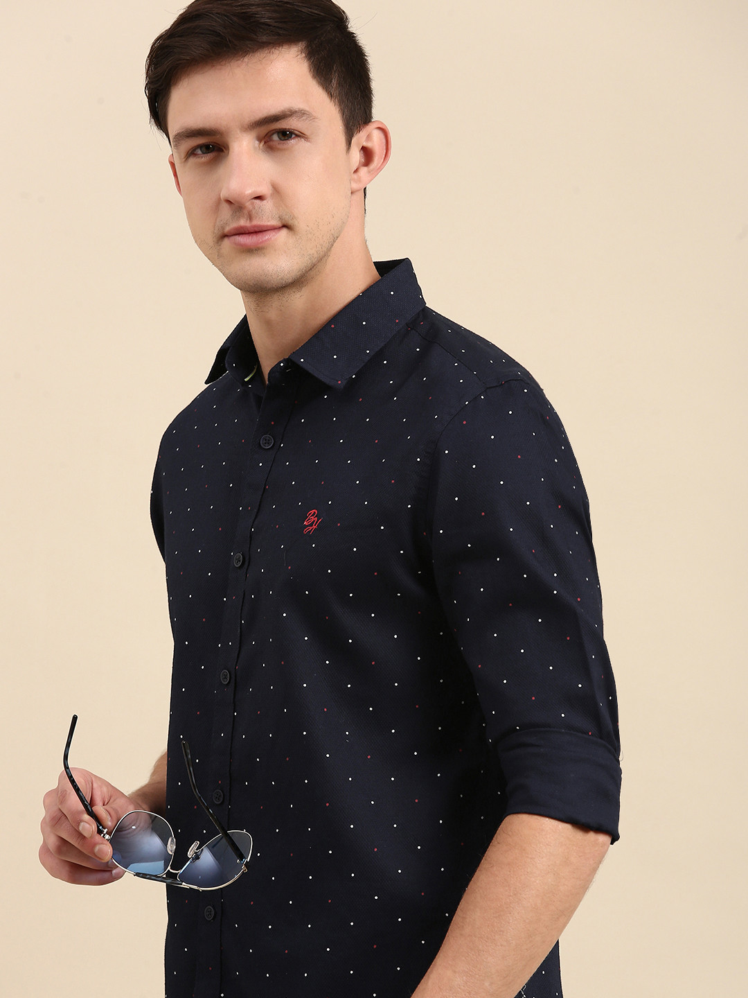 

Being Human Men Navy Blue Polka Dots Printed Slim Fit Pure Cotton Casual Shirt