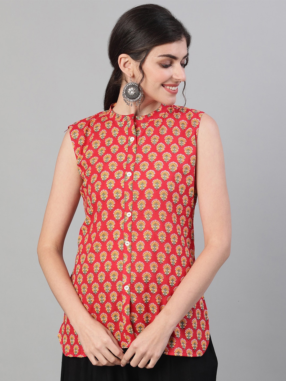 

GULMOHAR JAIPUR Red & Yellow Mandarin Collar Shirt Style Top