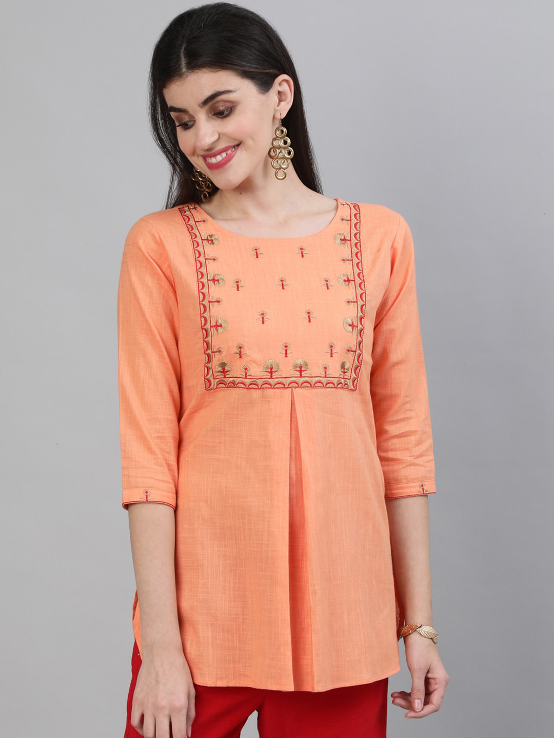

GULMOHAR JAIPUR Women Peach-Coloured & Red Floral Embroidered Cotton Top