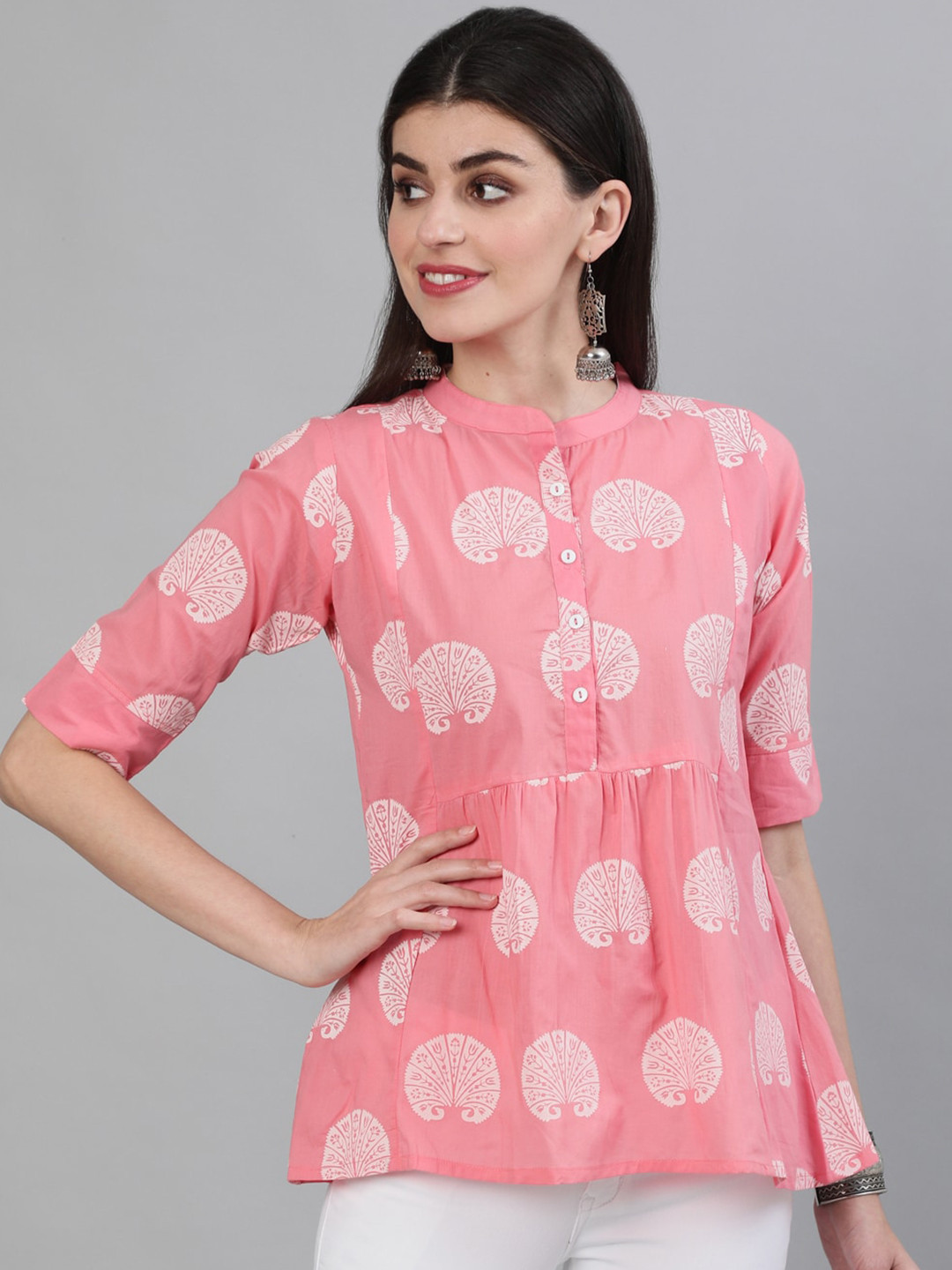 

GULMOHAR JAIPUR Pink Mandarin Collar A-Line Top
