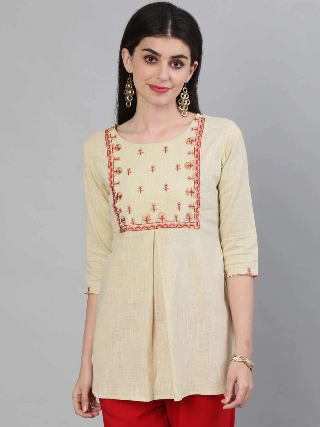 

GULMOHAR JAIPUR Beige Floral Embroidered Pure Cotton A-Line Top