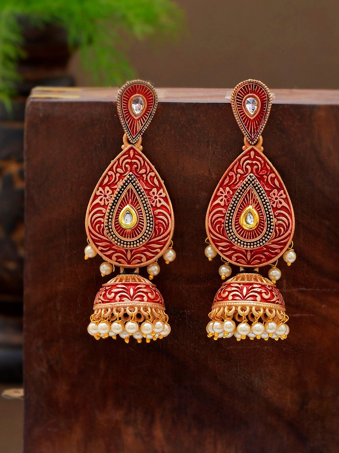 

Shoshaa Red Gold Plated Contemporary Jhumkas Earrings