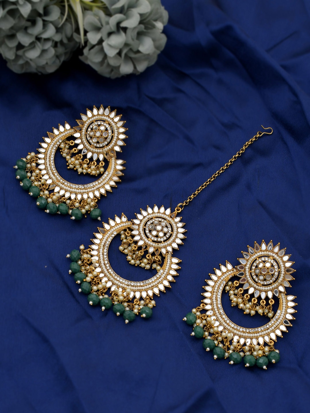 

Shoshaa Gold-Plated Green Stones Mirror work Earrings with Mangtikka