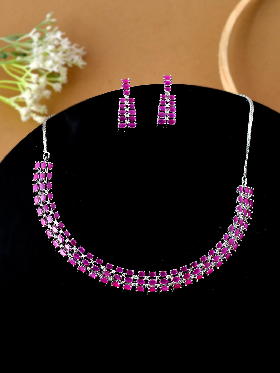 

Shoshaa Silver-Plated Magenta Pink CZ Stone Studded Jewellery Set