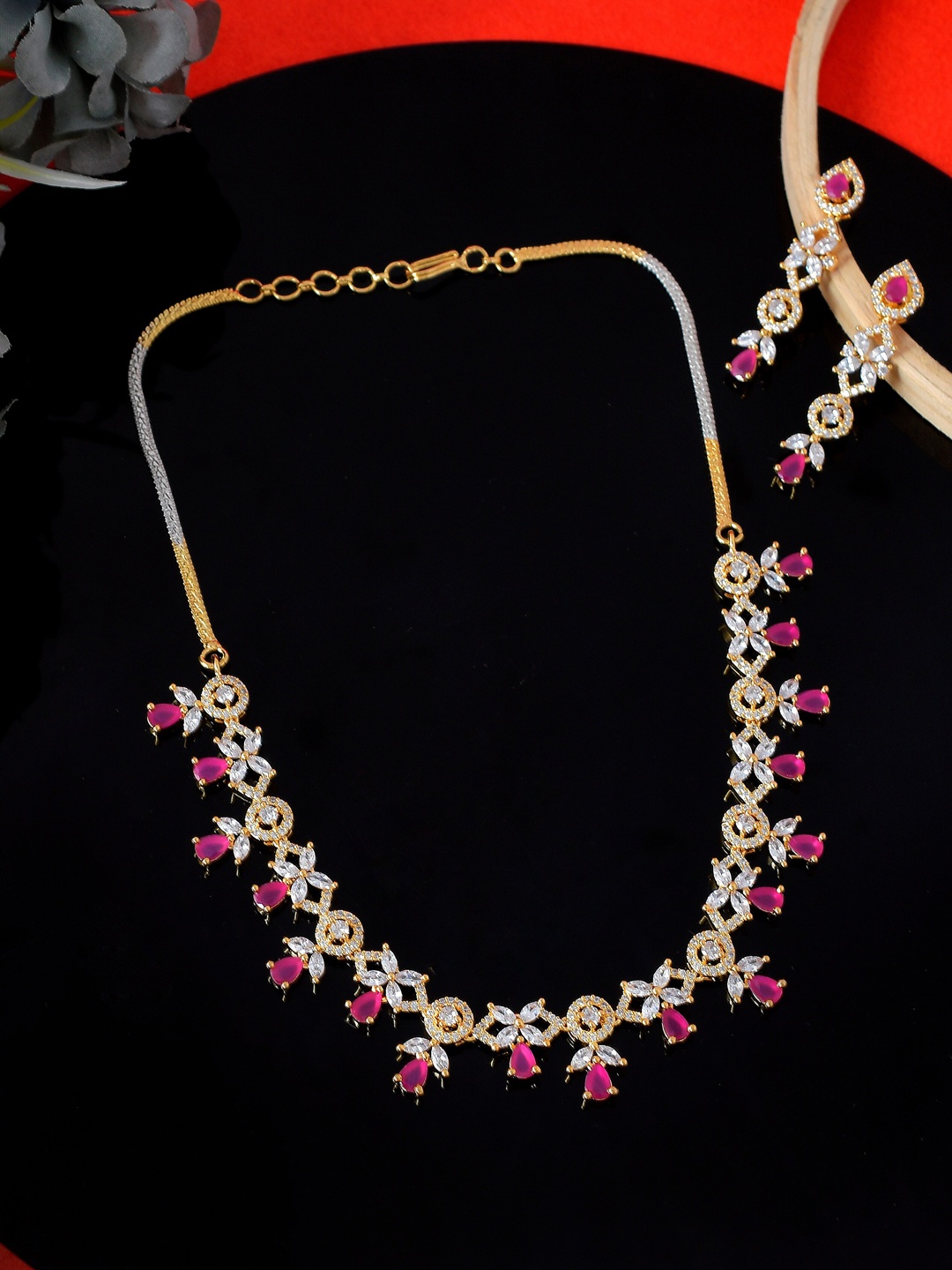 

Shoshaa Gold-Plated White & Magenta CZ Stone-Studded Handcrafted Jewellery Set