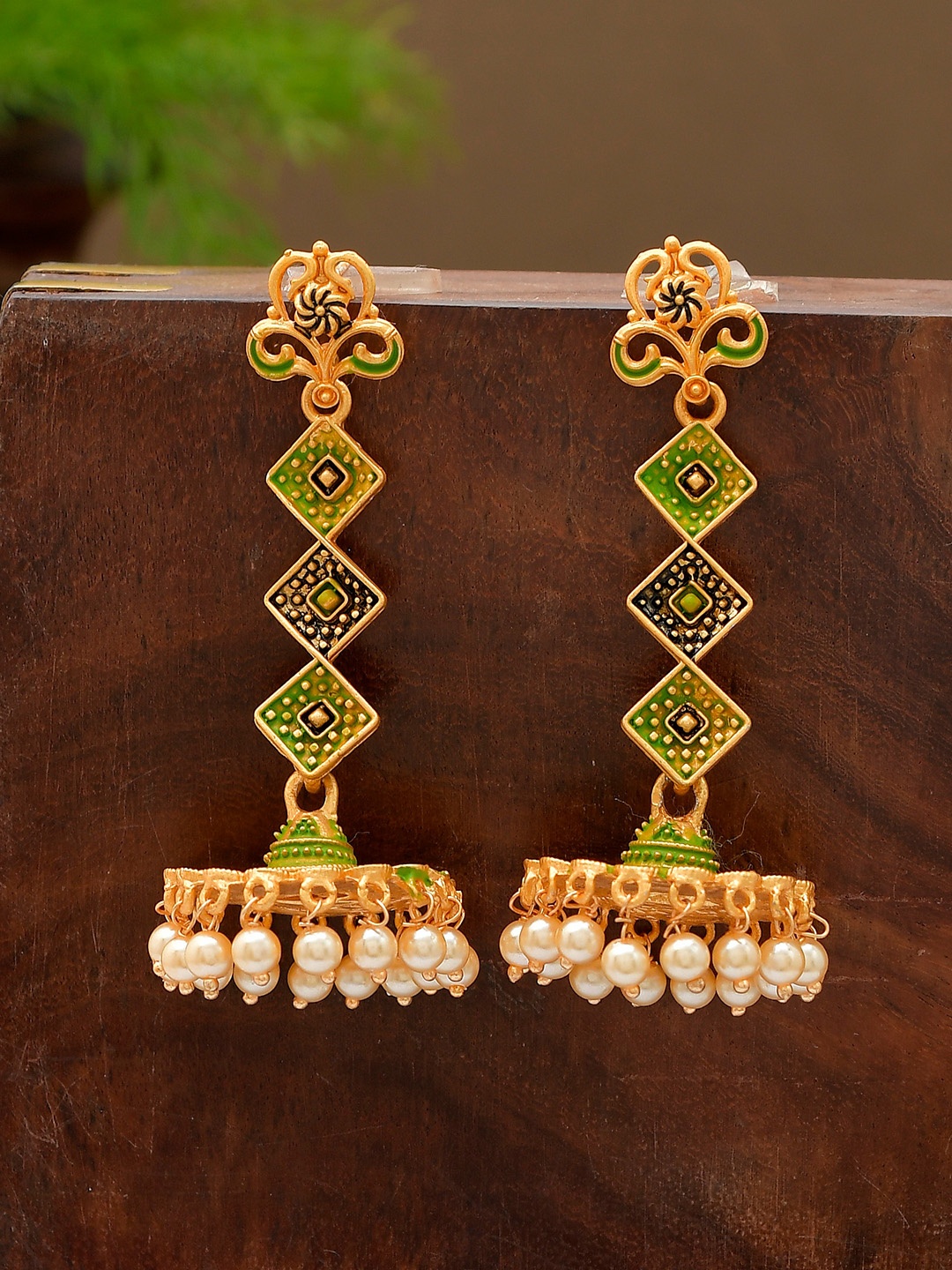 

Shoshaa Gold-Toned & Green Contemporary Jhumkas Earrings