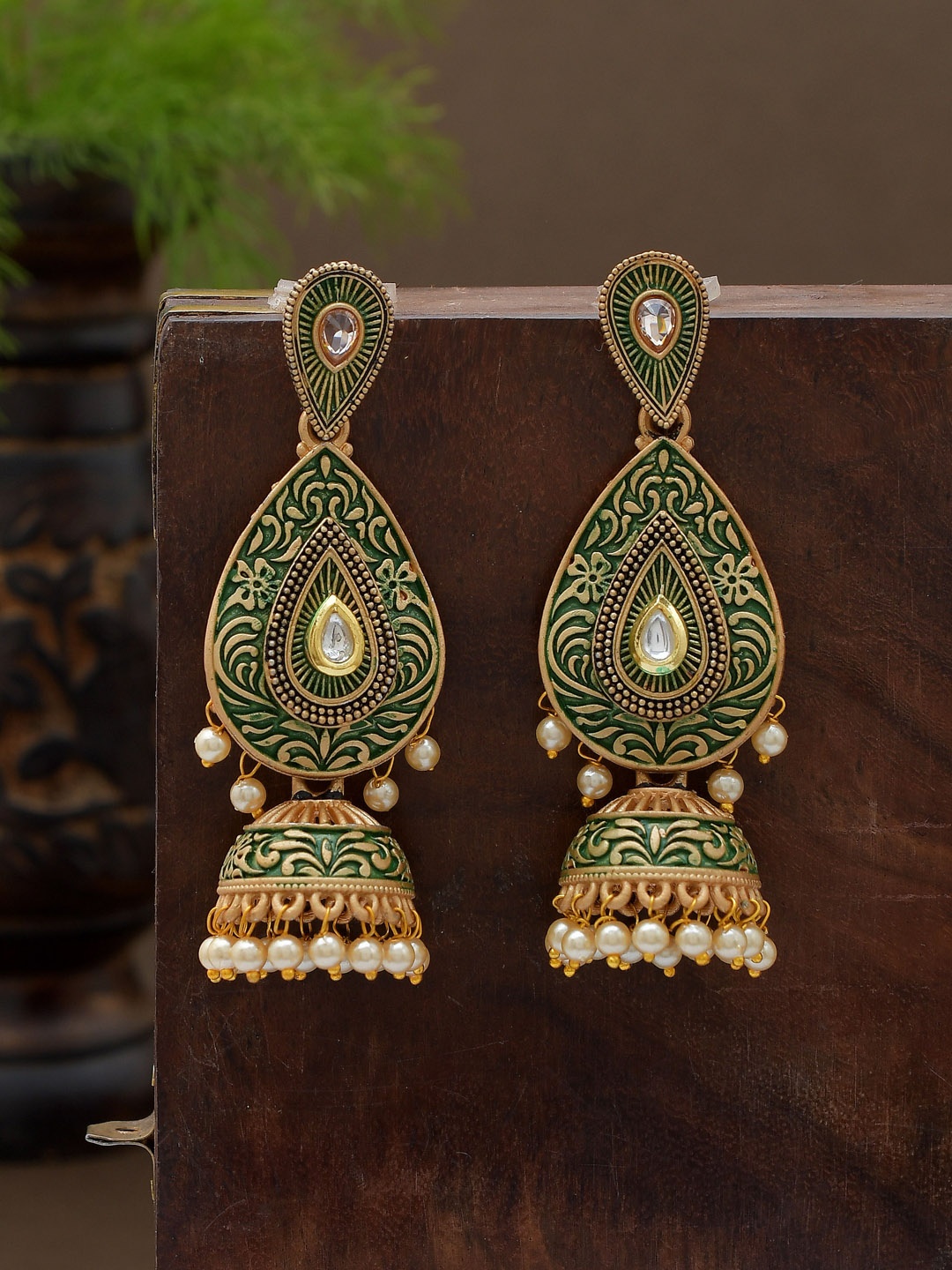 

Shoshaa Gold-Plated & Green Contemporary Jhumkas