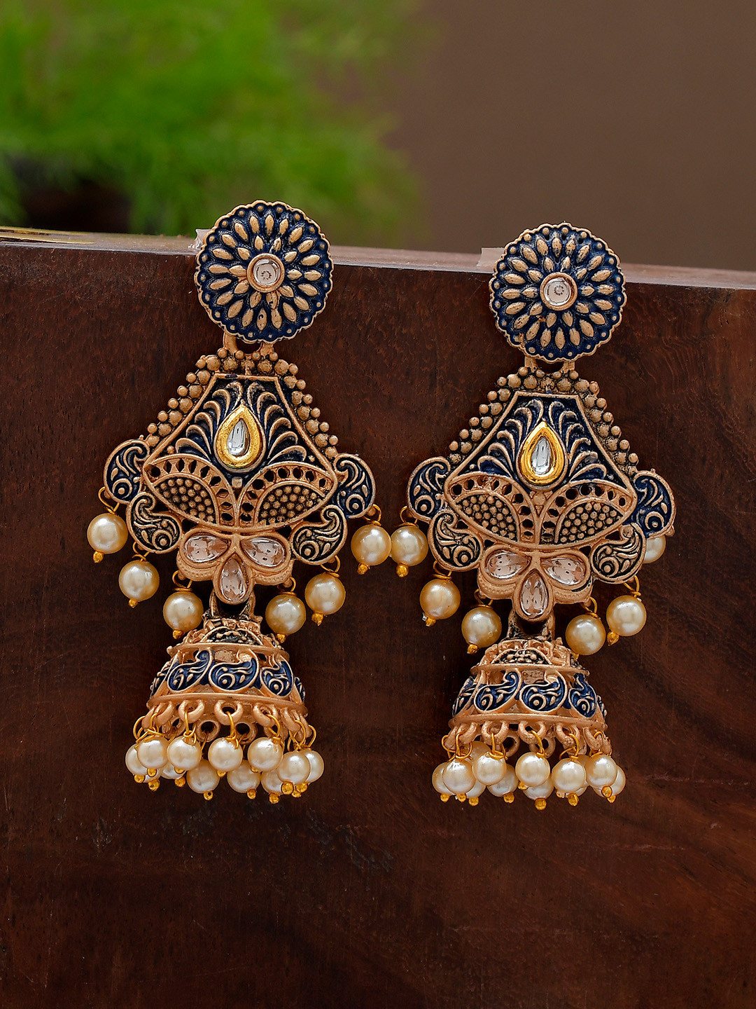 

Shoshaa Blue & Gold-Toned Dome Shaped Jhumkas Earrings