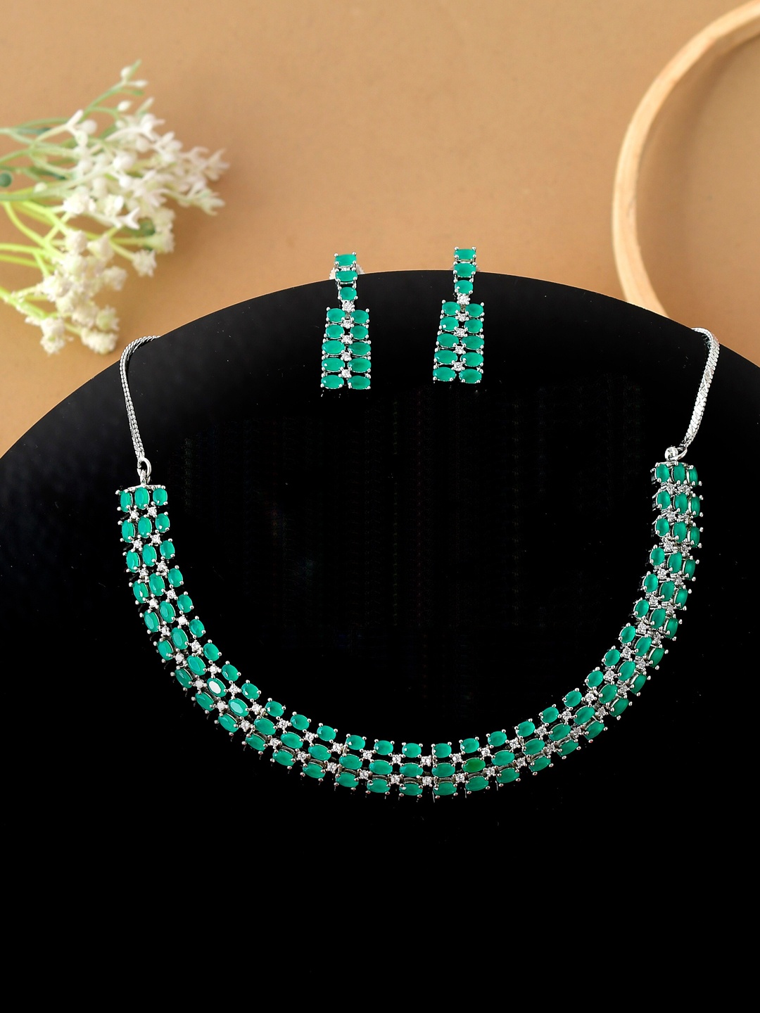 

Shoshaa Silver-Plated Green CZ Studded Handcrafted Jewellery Set