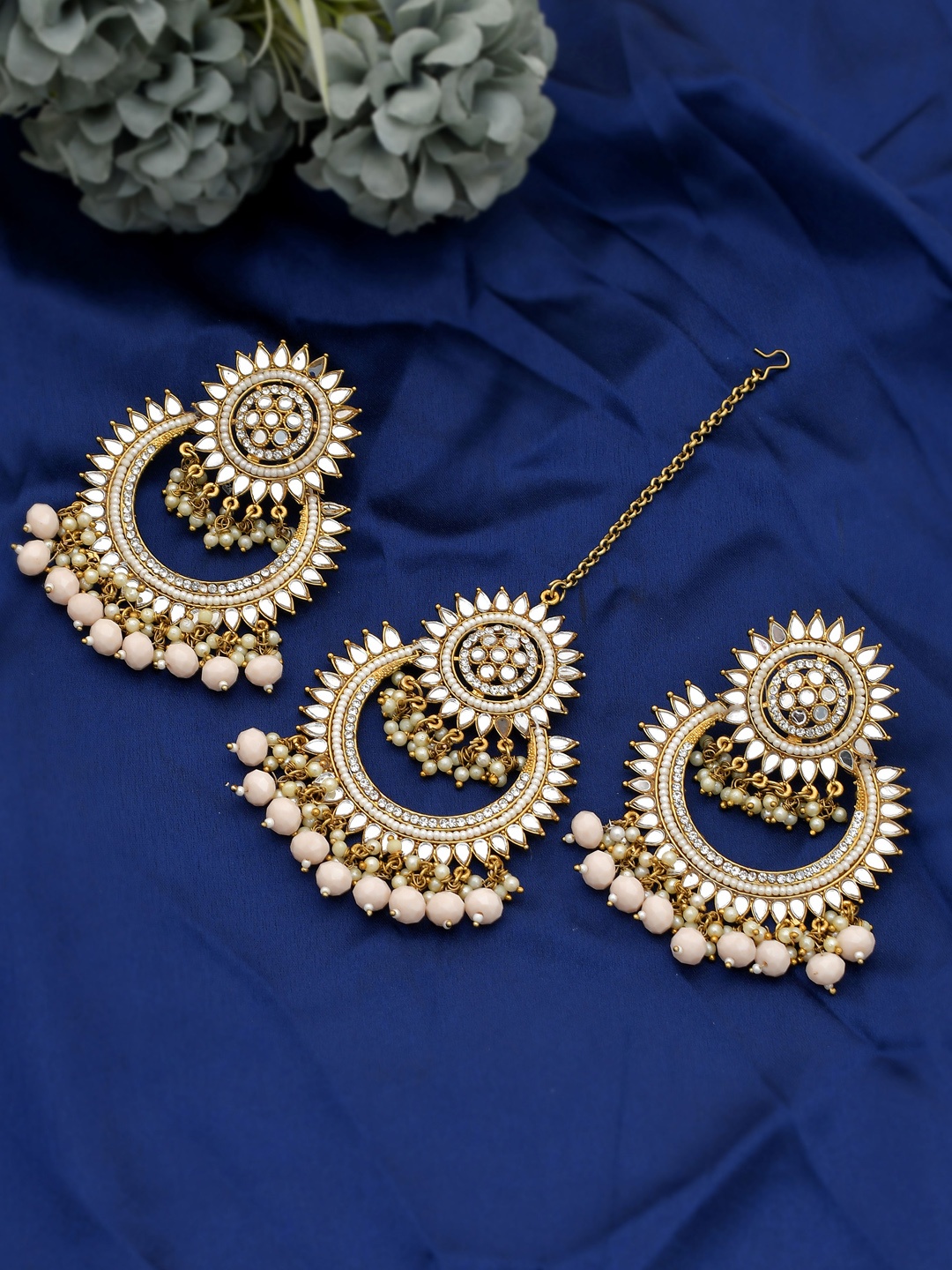 

Shoshaa Gold-Plated Peach Mirror Work Stones Earrings with Mangtikka