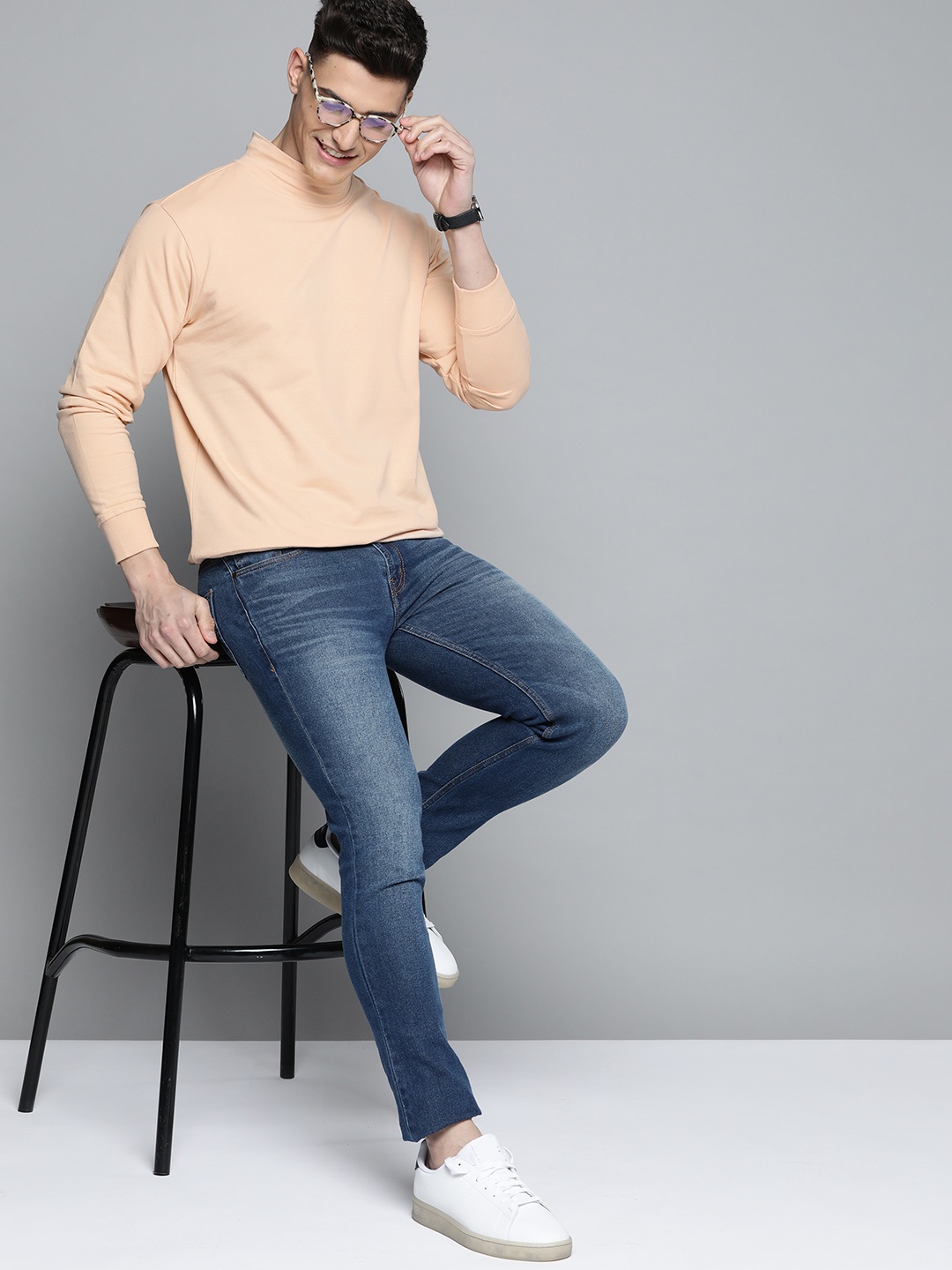 

Mast & Harbour Men Peach-Coloured Pure Cotton Solid High Neck Sweatshirt
