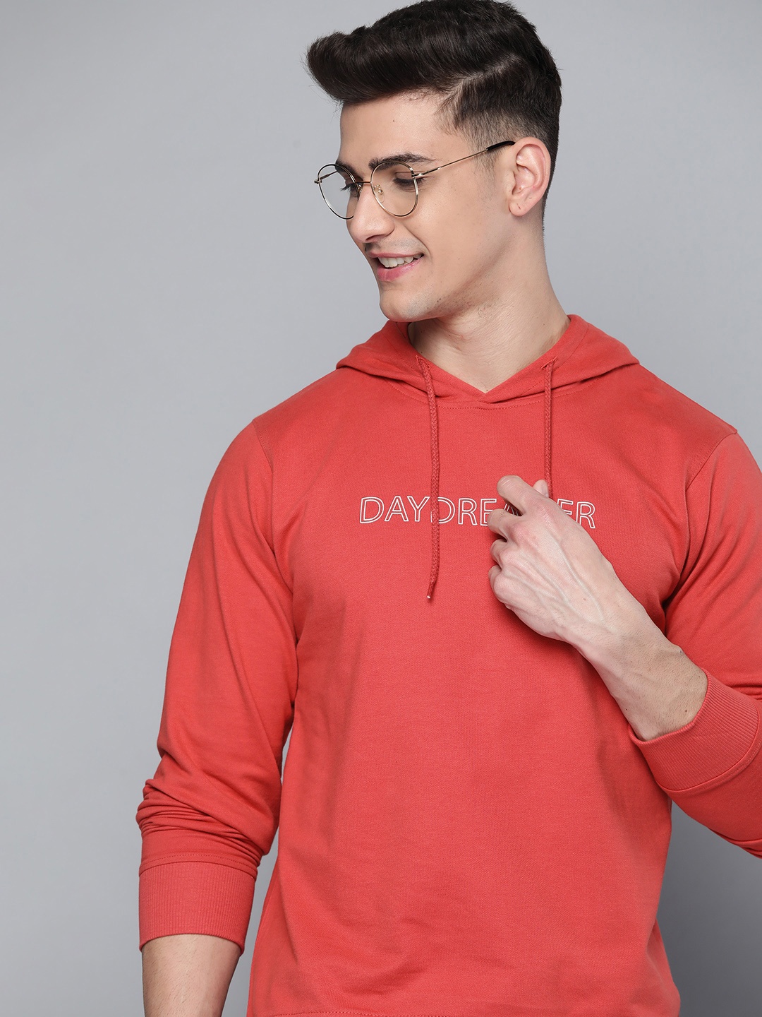 

Mast & Harbour Men Coral Red & White Typography Print Pure Cotton Hooded Sweatshirt
