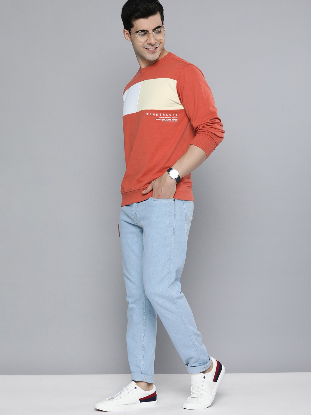 

Mast & Harbour Men Colourblocked Pure Cotton Pullover Sweatshirt, Rust