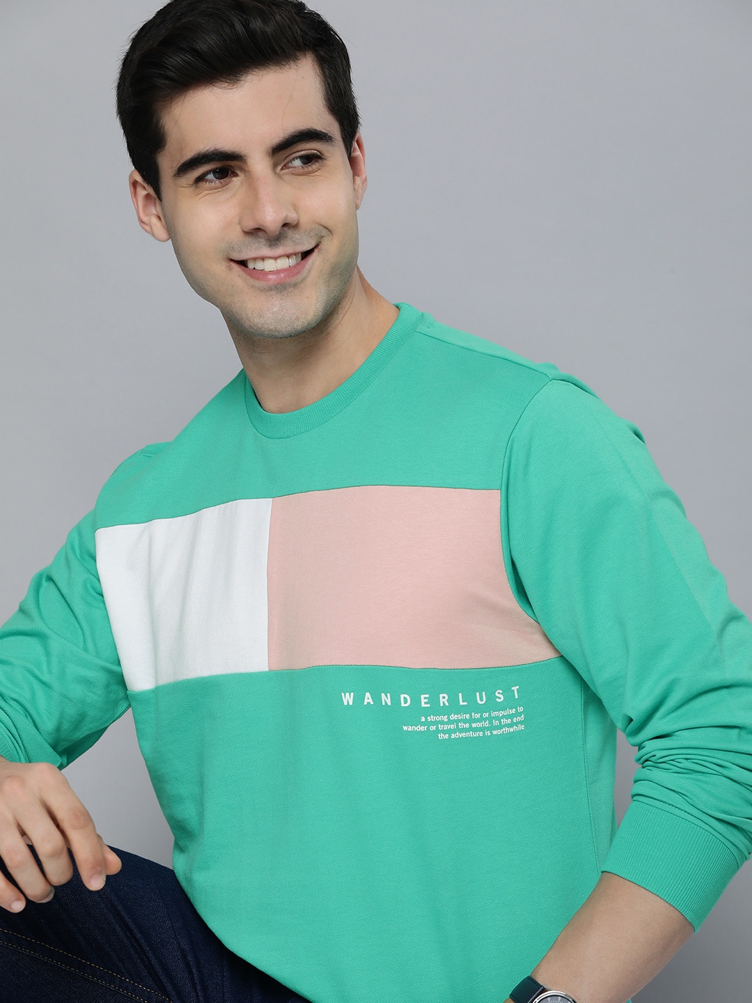 

Mast & Harbour Men Colourblocked Pure Cotton Sweatshirt, Sea green