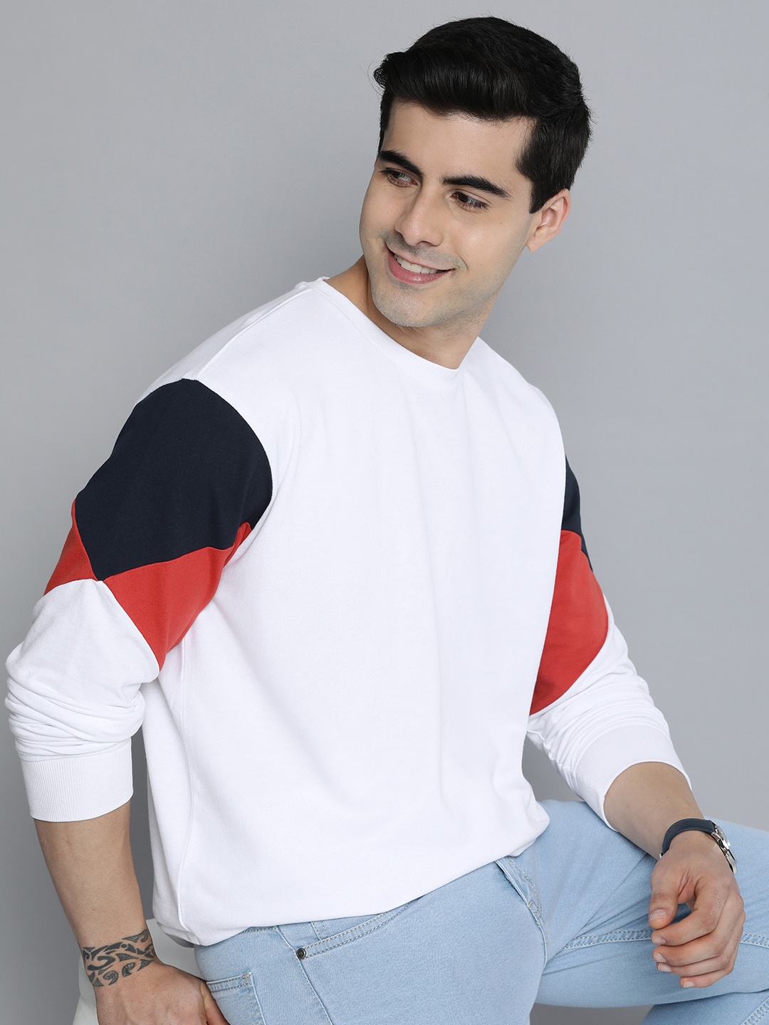 

Mast & Harbour Men Colourblocked Pure Cotton Pullover Sweatshirt, White