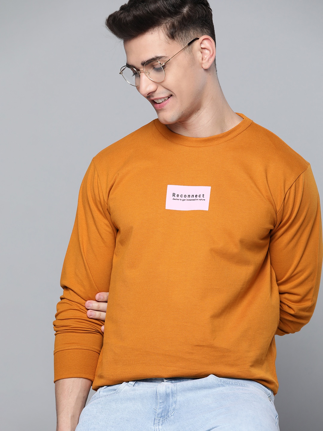 

Mast & Harbour Men Mustard Brown & Pink Typography Print Pure Cotton Sweatshirt