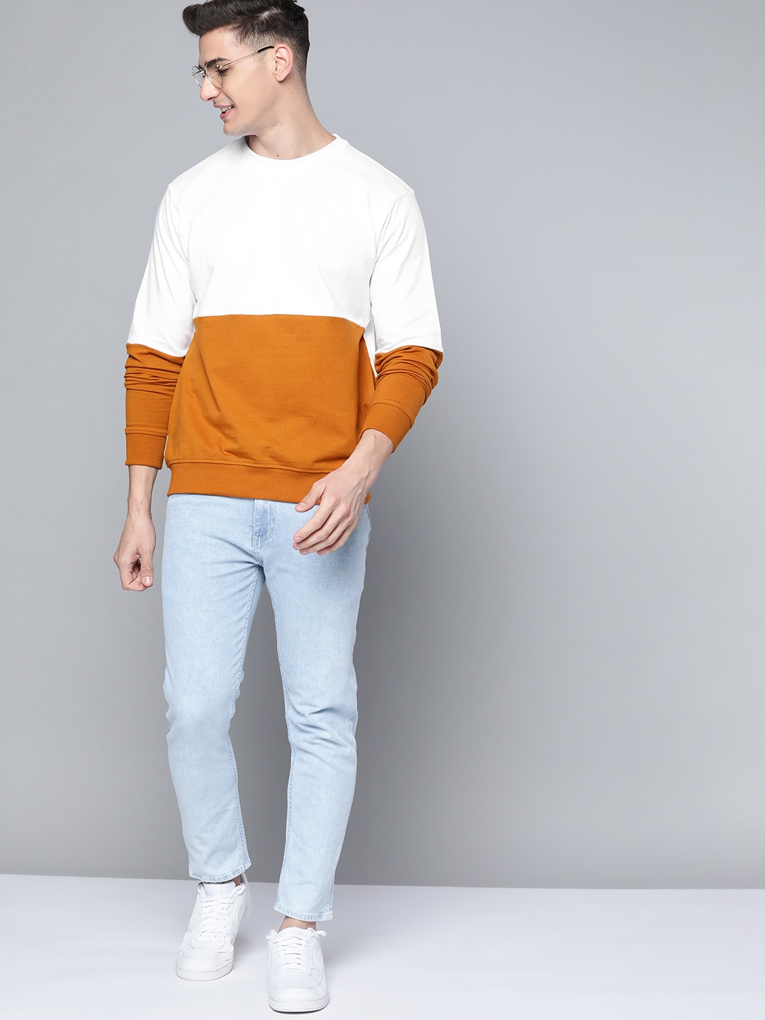 

Mast & Harbour Men White & Mustard Yellow Pure Cotton Colourblocked Sweatshirt